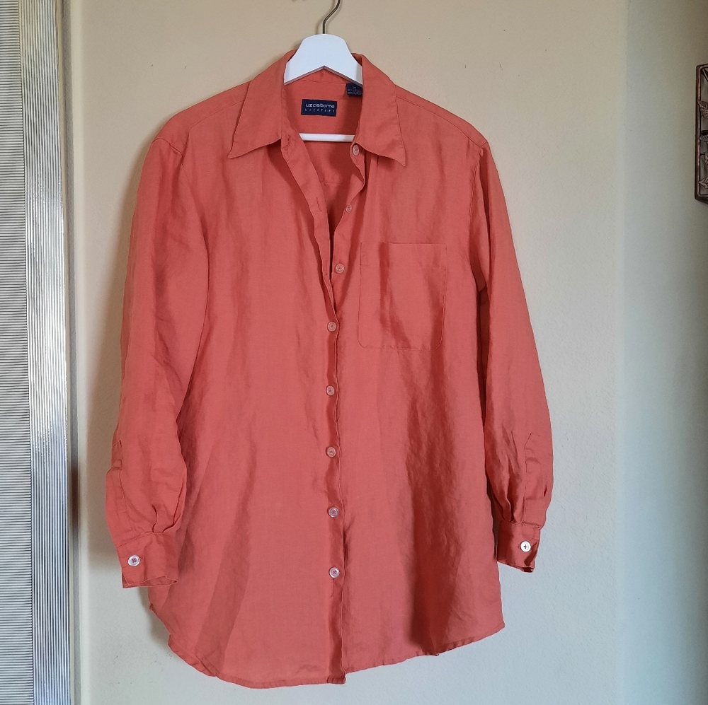 Orange 100% Linen Liz Claiborne Button Down Blouse Natural Fibers